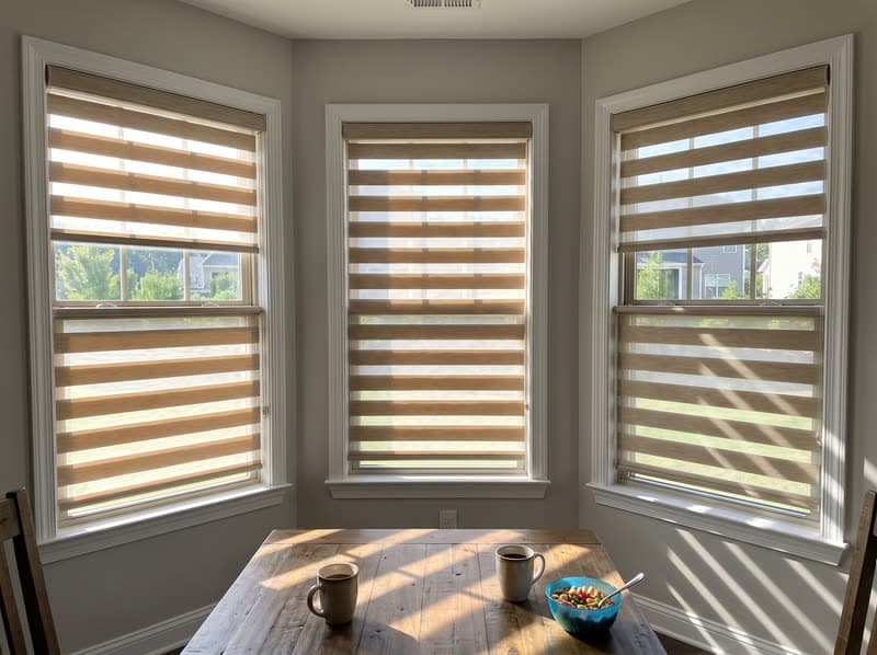 Beige zebra shade half open in a Suwanee breakfast nook