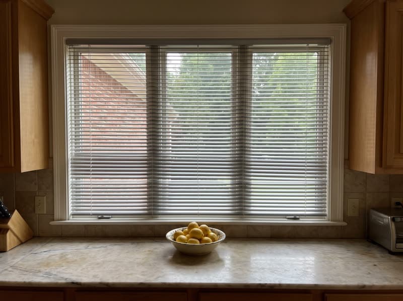 Aluminum blind on a kitchen window in a 1990s brick colonial in Alpharetta