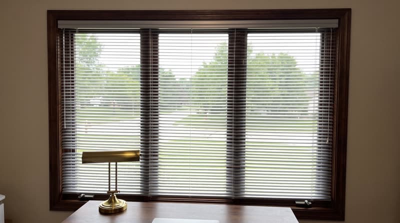Aluminum blind on a home office window in a traditional two-storey house in Johns Creek