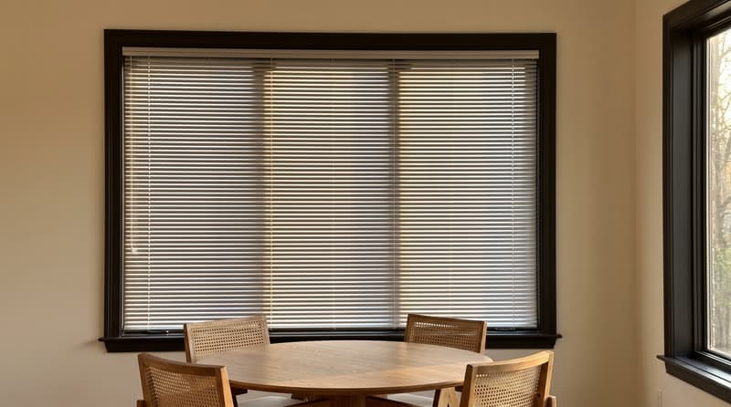 Aluminum blind on a dining room window in a luxury modern villa in Roswell