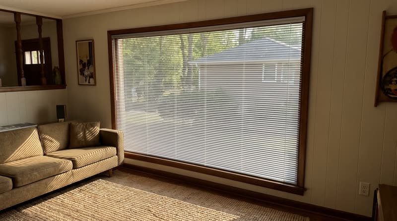 Aluminum blind on a living room window in a 1970s split-level in Marietta