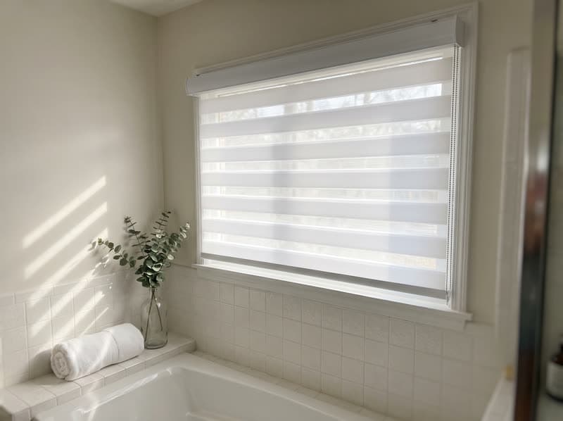 White zebra shade closed above a bathtub in a Decatur bathroom