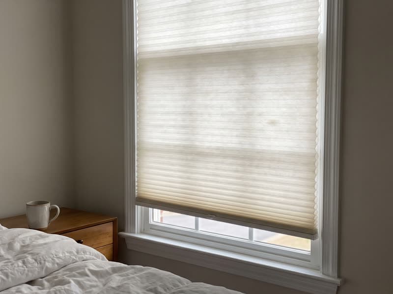 Ivory cordless cellular shade lowered from the top of an Alpharetta bedroom window