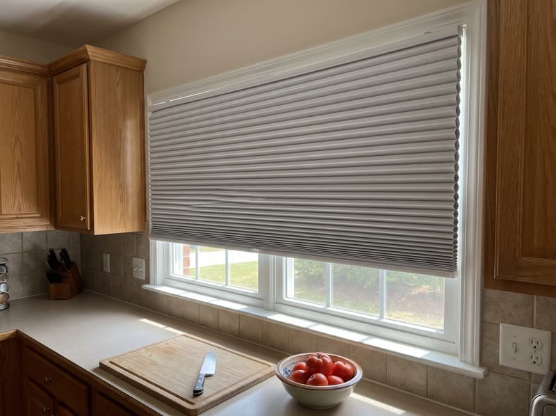 Light grey cellular shade stacked at the top of a Kennesaw kitchen window