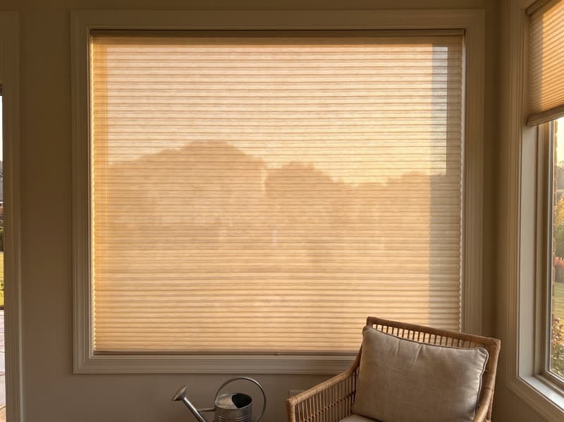 Sand cellular shade fully lowered in a Milton sunroom