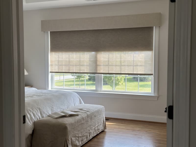 Dual sheer and blackout shade layered on one bedroom window in Johns Creek