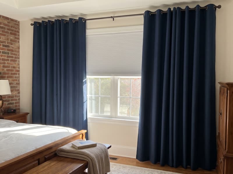 Navy grommet drapery over a cellular shade in a Lawrenceville bedroom