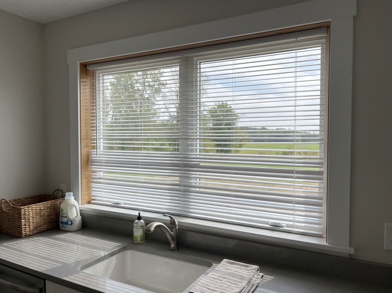 White aluminum mini blinds tilted open on a laundry room window in Canton
