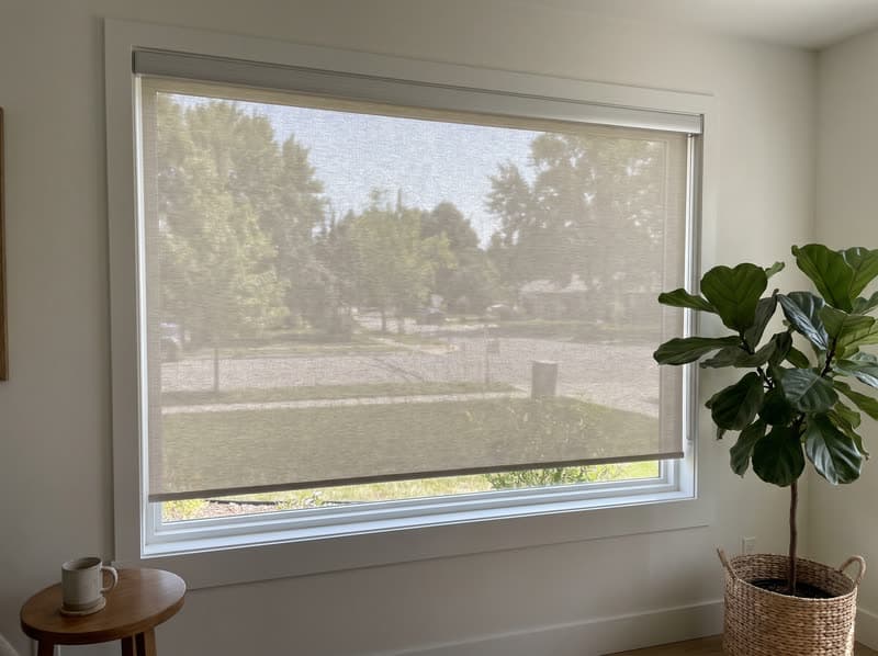 Light-filtering roller shade on a living room picture window in a Milton modern farmhouse