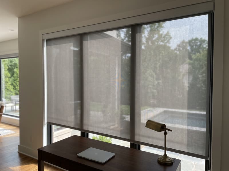 Motorized grey solar roller shade in a Johns Creek home office