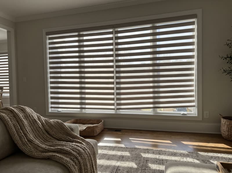 Greige zebra shade with visible sheer and solid bands in an Alpharetta living room
