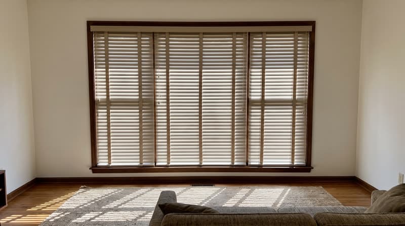 Faux wood blind on a living room window in a 1970s split-level in Marietta