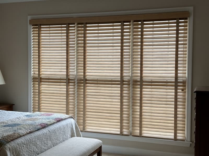 Faux wood blind on a guest bedroom window in a 1990s brick colonial in Woodstock