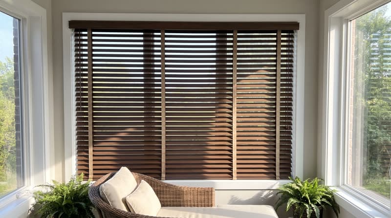 Faux wood blind on a sunroom window in a luxury modern villa in Duluth