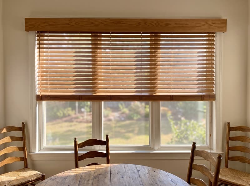 Wood blind on a breakfast nook window in a modern farmhouse in Canton