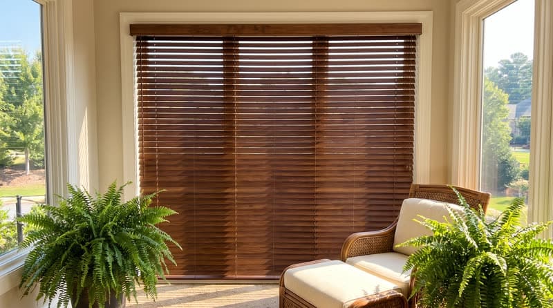 Wood blind on a sunroom window in a luxury modern villa in Duluth
