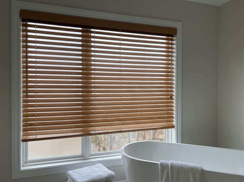 Wood blind on a bathroom window in a new build in a modern subdivision in Sandy Springs