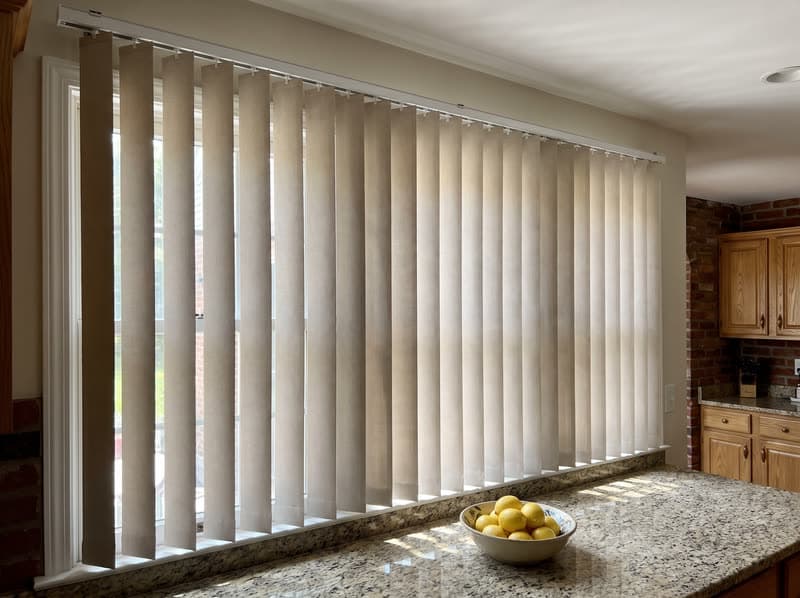 Vertical blind on a kitchen window in a 1990s brick colonial in Alpharetta
