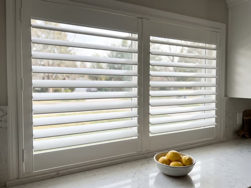Composite shutters on a kitchen window in a modern farmhouse in Woodstock