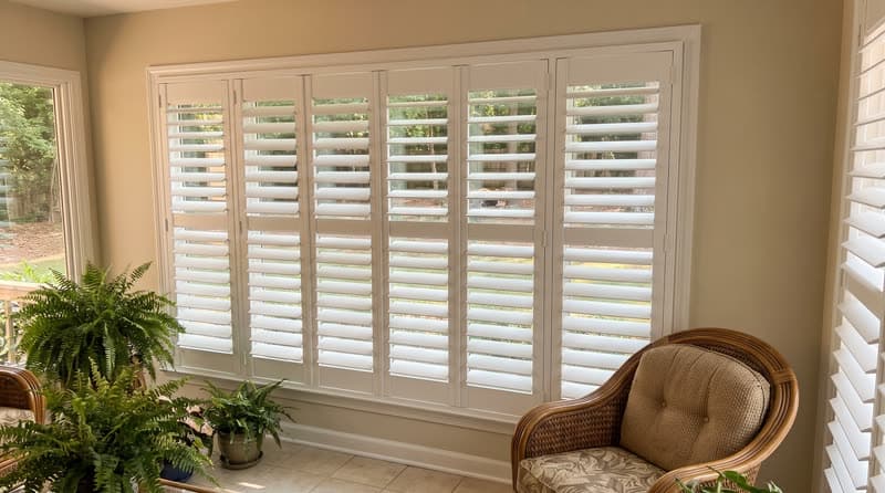 Composite shutters on a sunroom window in a 1970s split-level in Marietta