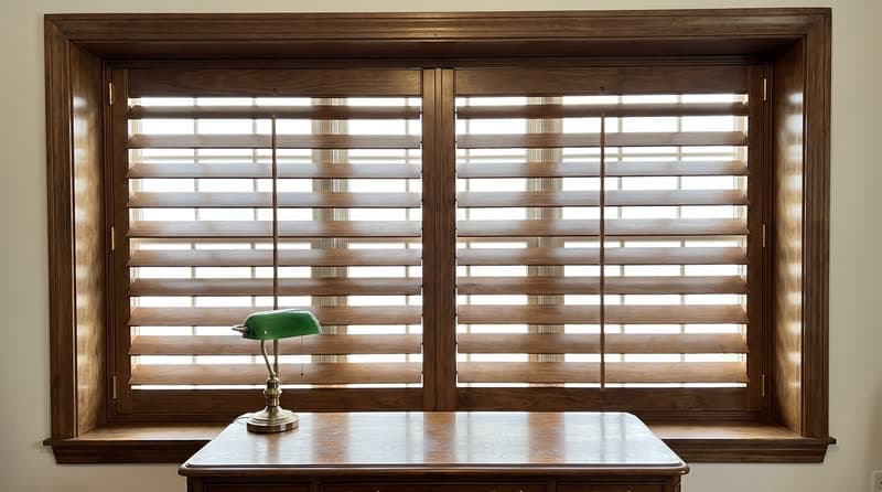 Wood shutters on a home office window in a traditional two-storey house in Roswell