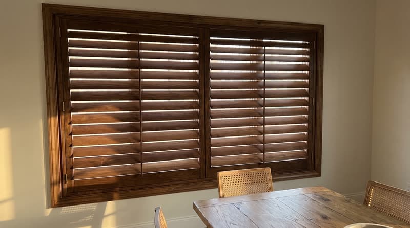 Wood shutters on a dining room window in a luxury modern villa in Duluth