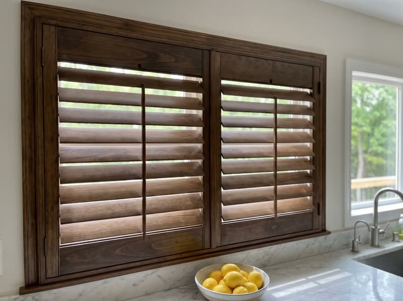 Wood shutters on a kitchen window in a modern farmhouse in Woodstock
