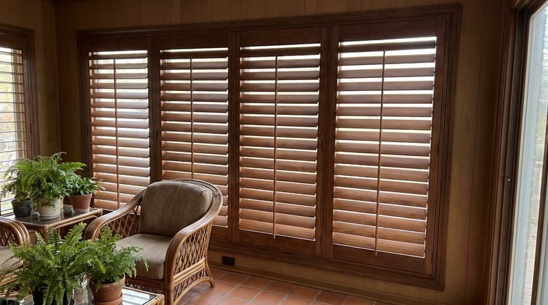 Wood shutters on a sunroom window in a 1970s split-level in Marietta
