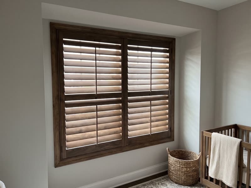 Wood shutters on a nursery window in a new build in a modern subdivision in Cumming