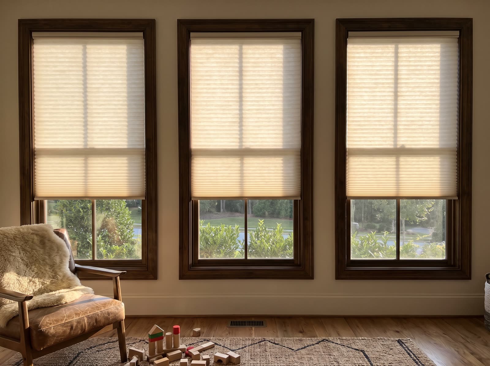 Cordless white cellular shades in a Woodstock living room