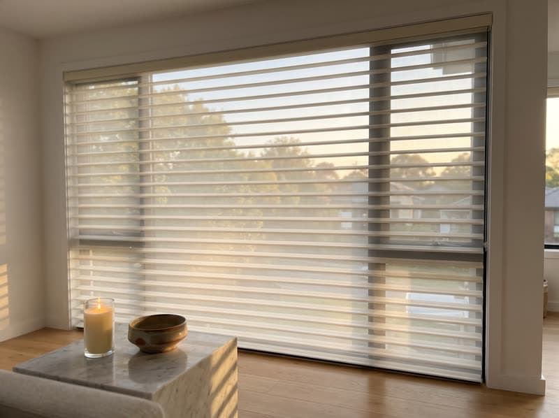 Ivory Shangri-La sheer shade with vanes tilted open in a Milton living room