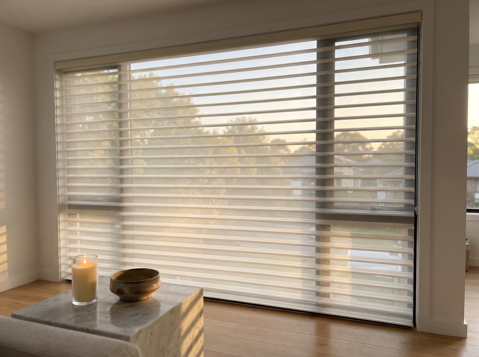 Ivory Shangri-La sheer shade with vanes tilted open in a Milton living room