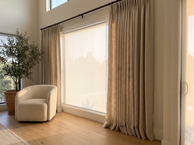 Pinch-pleat oatmeal drapery paired with a roller shade in an Alpharetta living room