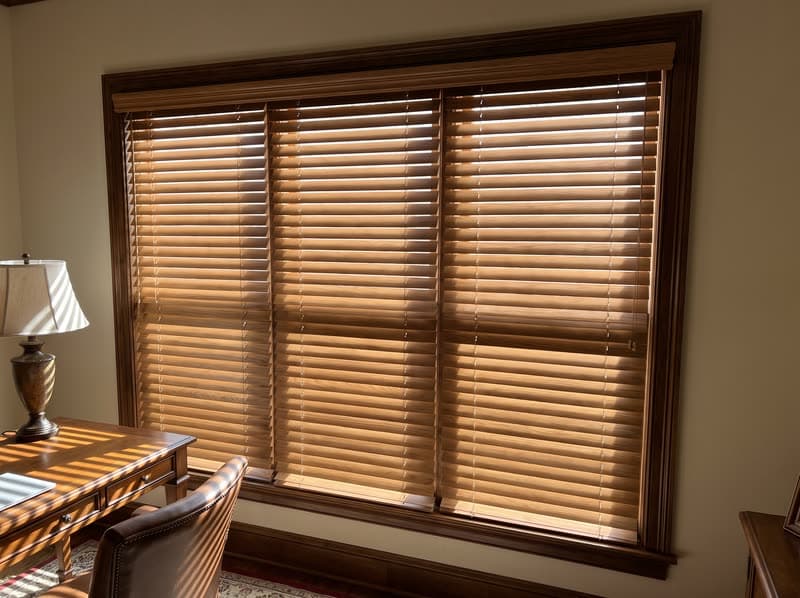 Stained oak real wood blinds tilted open on a home office window in Johns Creek
