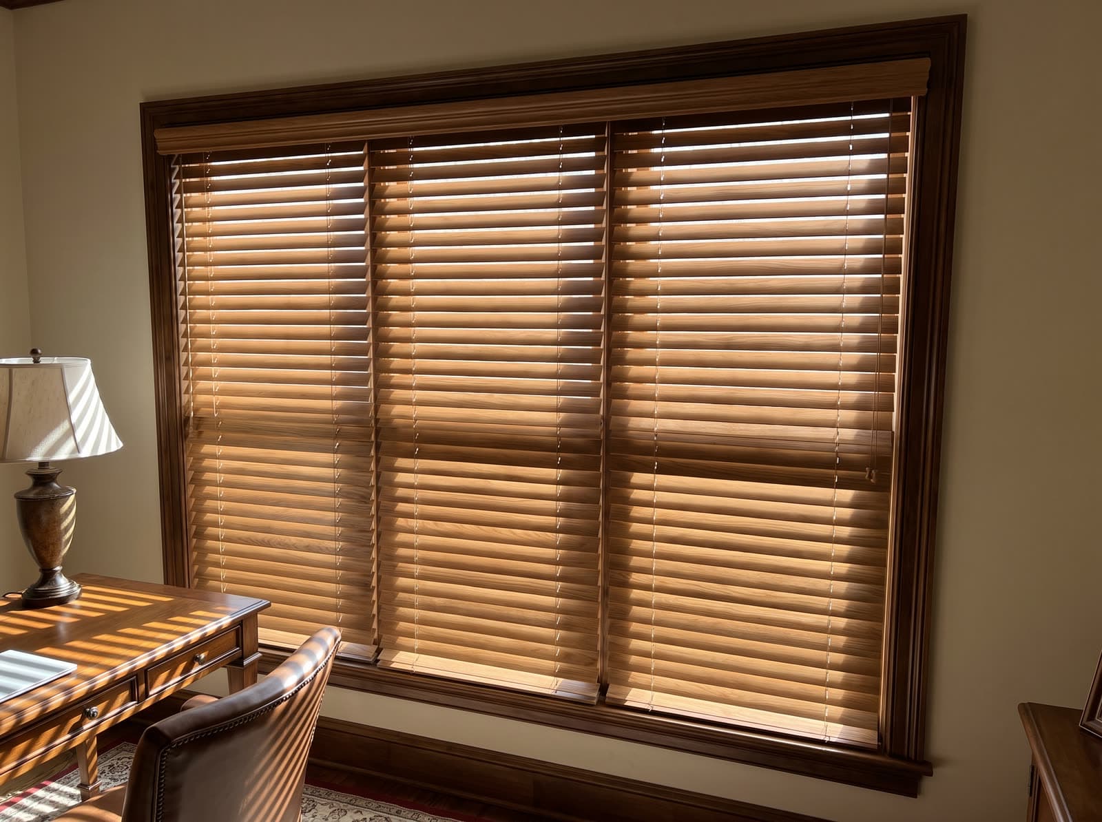 Stained oak real wood blinds tilted open on a home office window in Johns Creek
