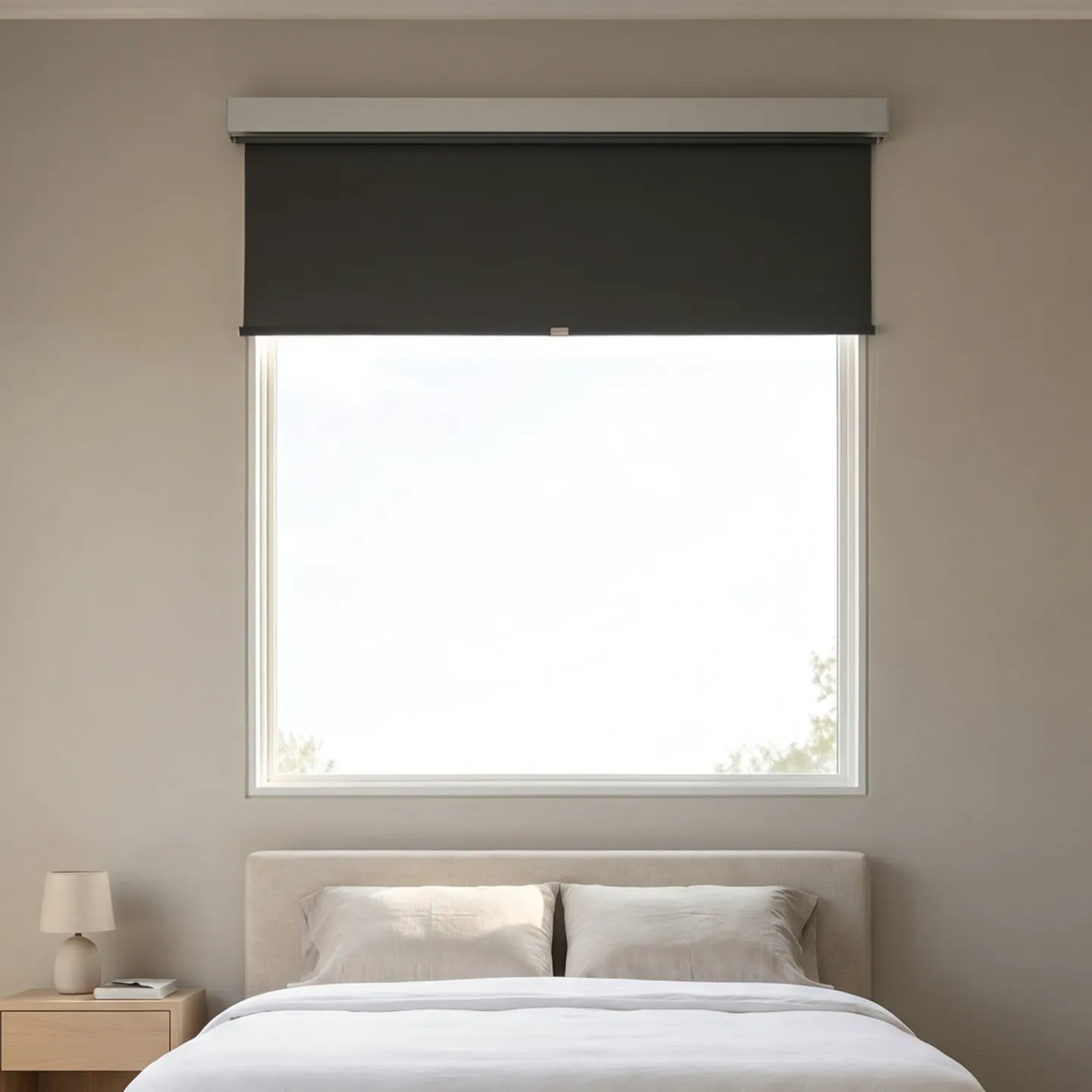 A graphite blackout roller shade part-way down a primary bedroom window in a modern suburban Atlanta home