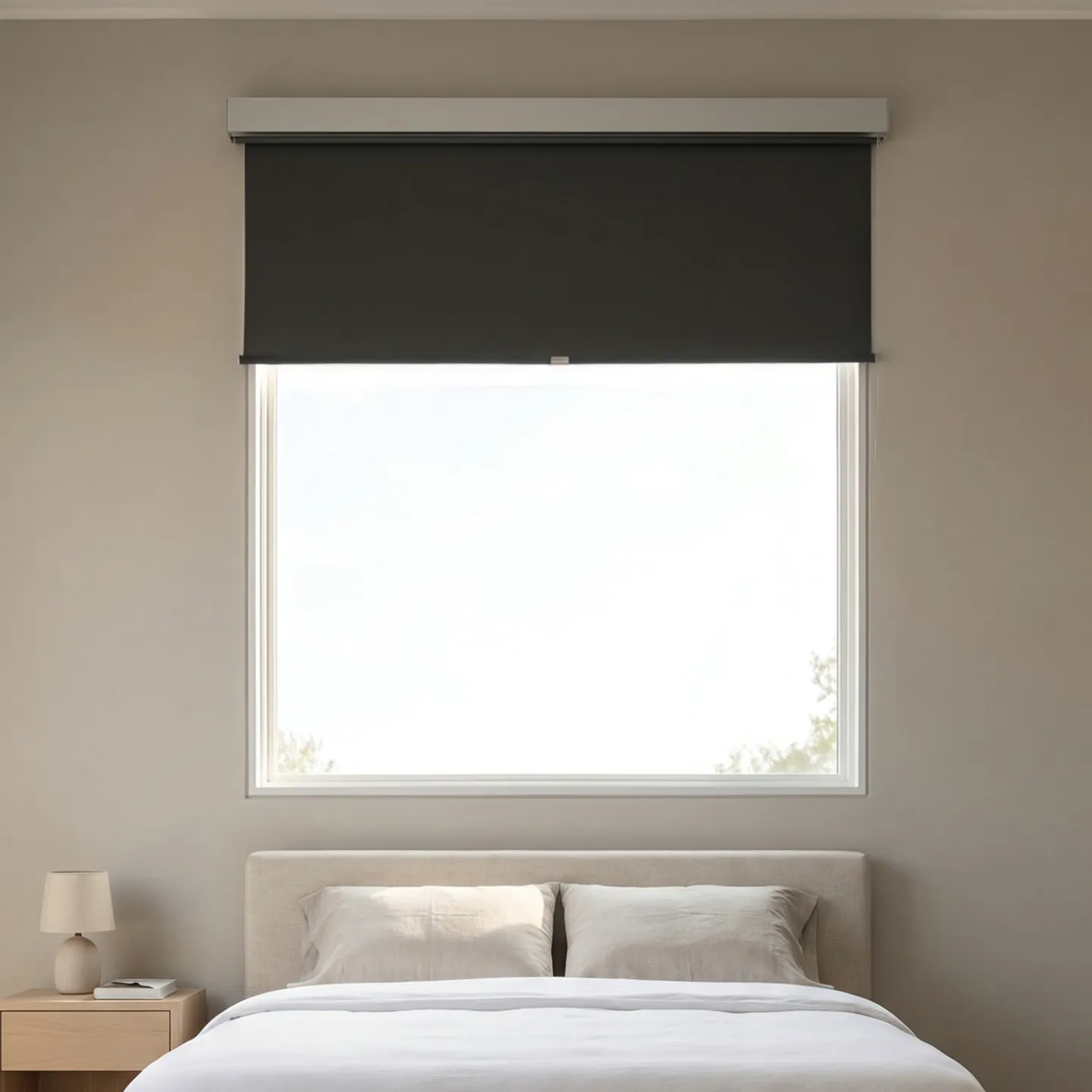 A graphite blackout roller shade part-way down a primary bedroom window in a modern suburban Atlanta home