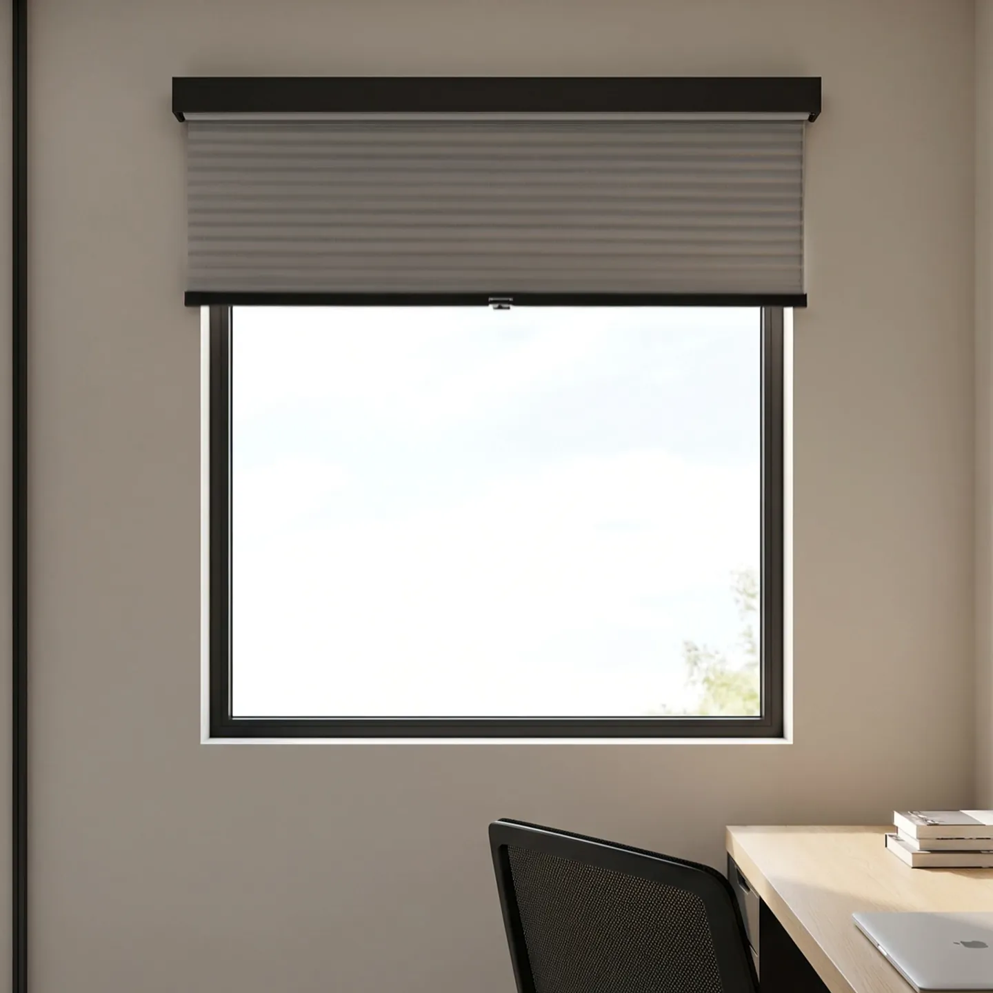 An ash zebra shade with its bands half aligned on a glass-walled home office window