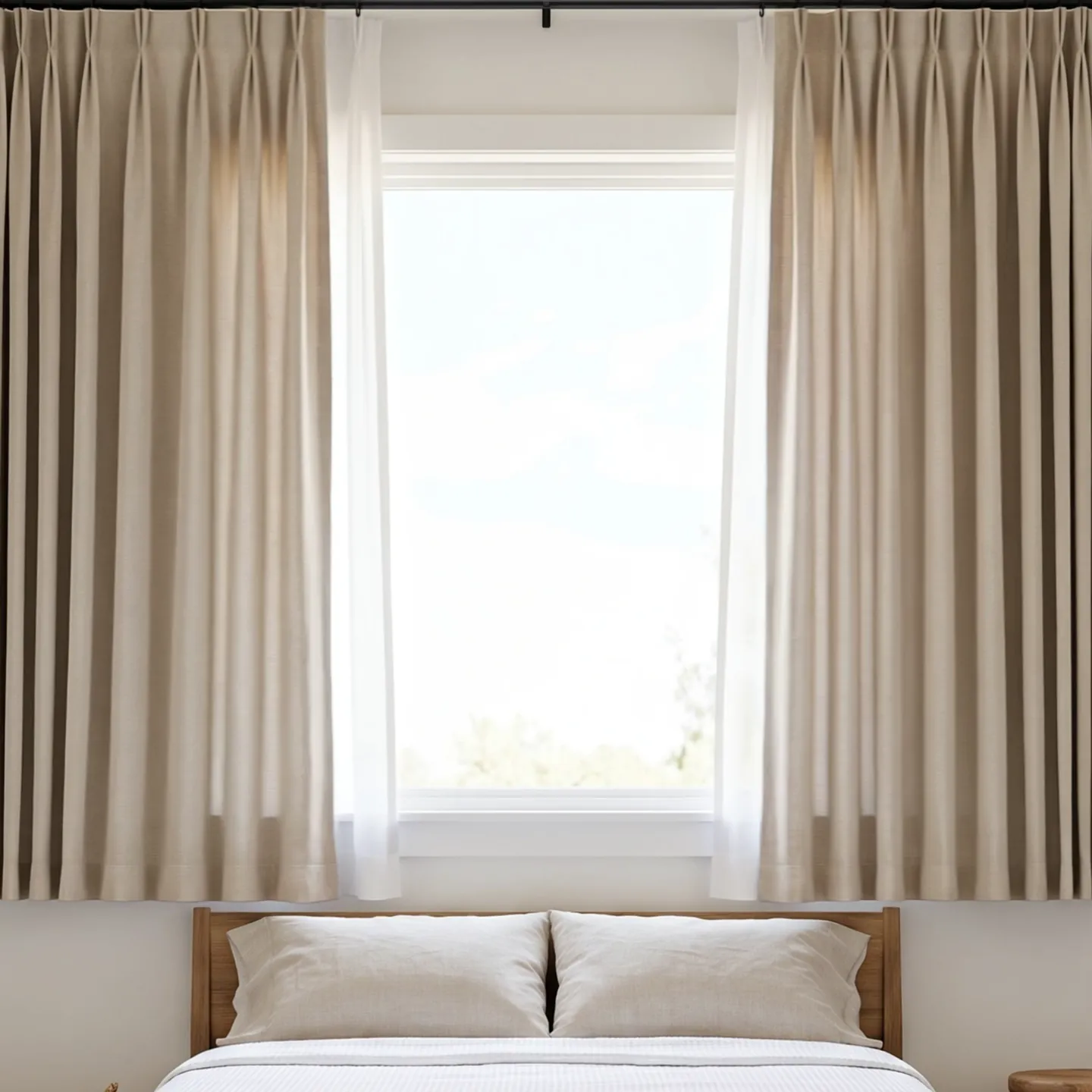 Flax pinch-pleat drapery over a sheer on a farmhouse bedroom window